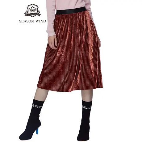 季候风处理新款金丝绒时尚百搭中长款高腰亮面百褶裙女6883qg815图片
