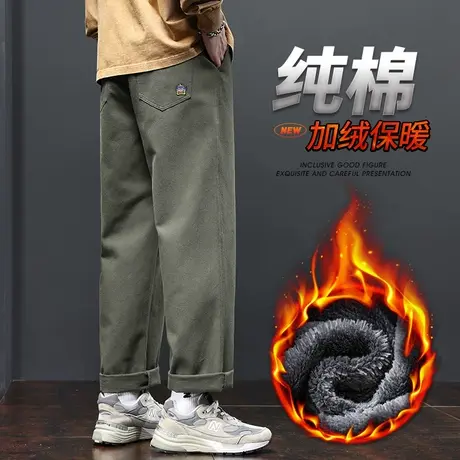 冬季纯棉加绒加厚保温休闲裤子秋冬款男士宽松阔腿军绿色工装冬裤商品大图