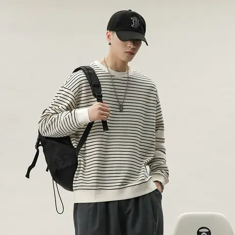 圆领条纹男士休闲卫衣时尚秋冬款卫衣宽松舒适男士外穿休闲卫衣商品大图