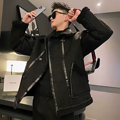 潮牌皮毛一体加厚棉衣外套男冬季新款机车高街羊羔毛拼接冬装棉服商品大图