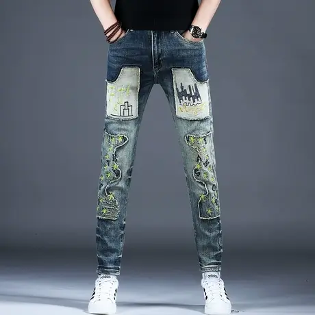 做旧复古洗水牛仔裤男款小脚修身裤子潮流男2023新款时尚高档潮牌图片