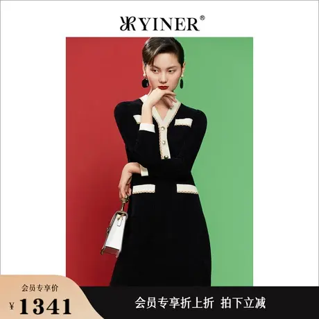 YINER音儿女装秋季长袖v领修身赫本风针织连衣裙图片