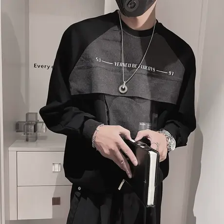 春秋季卫衣男装韩版潮流拼接上衣2022新款原宿打底衫潮牌痞帅外套商品大图