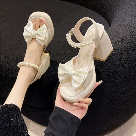 仙女风蝴蝶结厚底凉鞋女鞋子2024春夏季新款一字带露趾粗跟高跟鞋商品大图