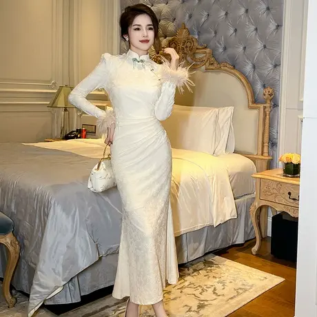 国风新中式改良旗袍年轻款秋冬女端庄优雅绝美气质鱼尾连衣裙长款图片