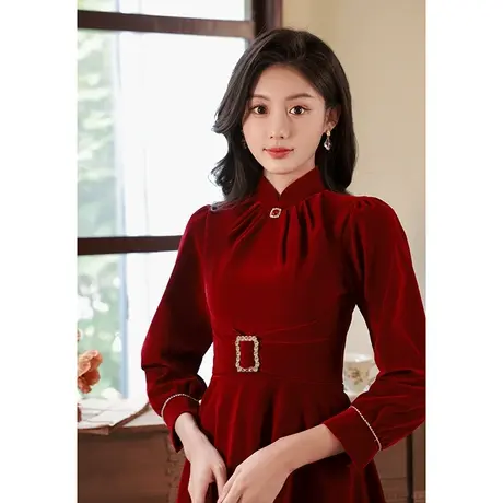 长袖敬酒服新娘冬季酒红色小个子结婚订婚礼服连衣裙回门便装大气商品大图