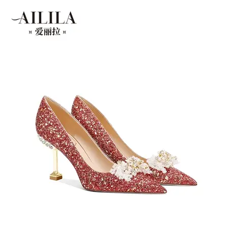 爱丽拉红色结婚鞋女2024新款春季水晶新娘秀禾高跟鞋不累脚高级感图片