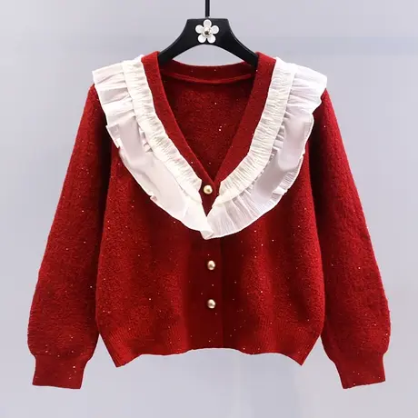 新年红色荷叶边拼接V领毛衣外套女冬季2024新款宽松减龄针织开衫图片