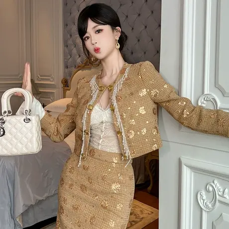 圆领喇叭袖毛呢小香风短外套女款洋气时髦高级感御姐流苏上衣春季图片