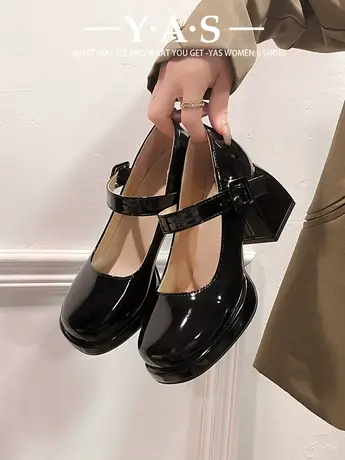 2024年新款法式玛丽珍鞋女粗跟单鞋黑色辣妹高跟鞋芭比圆头小皮鞋图片