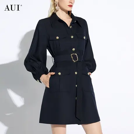 AUI藏青色工装灯笼袖衬衫连衣裙女2024春新款御姐气质修身POLO裙图片