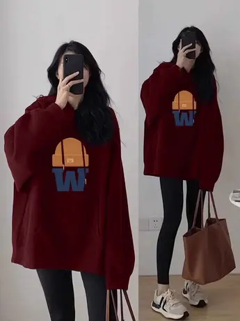 韩系bf慵懒风连帽卫衣女加绒休闲上衣ins潮大码冬季显白宽松外套商品大图