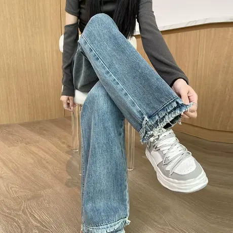 毛边阔腿牛仔裤子女2024年新款春秋高腰设计感宽松窄版直筒拖地裤商品大图