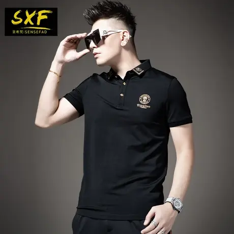 SXF圣希梵polo衫男 潮牌翻领烫钻刺绣修身保罗上衣 潮男士短袖t恤商品大图