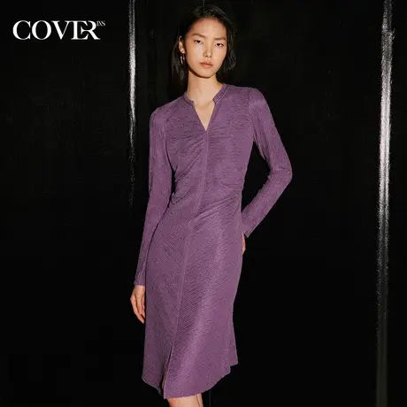COVER2023秋季拼接倒褶收腰开叉连衣裙图片