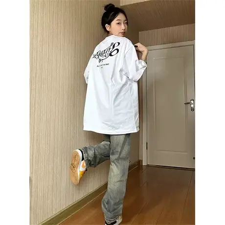 纯棉重磅印花字母短袖t恤女夏季设计感宽松oversize半袖上衣体恤图片