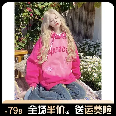 美式复古hiphop连帽卫衣女秋冬季加绒加厚宽松设计感小众外套潮牌图片