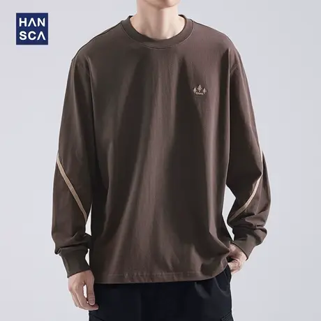 hansca 圆领长袖T恤男士秋季新款潮牌百搭宽松拼接休闲纯棉打底衫商品大图