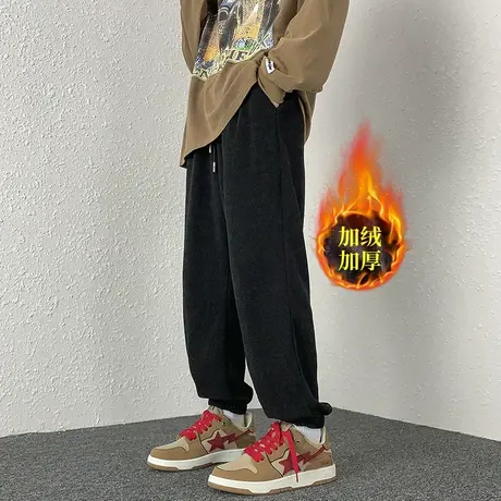 休闲裤男秋冬款加绒宽松美式潮流阔腿灯芯绒裤子束脚运动哈伦长裤商品大图