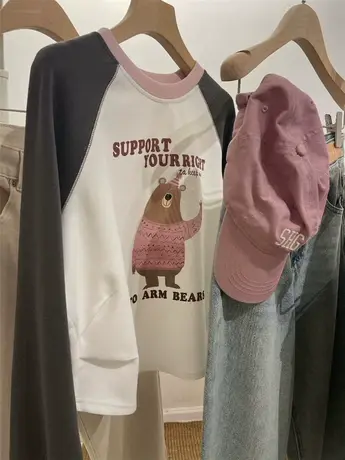 褶皱设计感 插画熊撞色插肩袖长袖T恤女插短款上衣tee2024春款商品大图