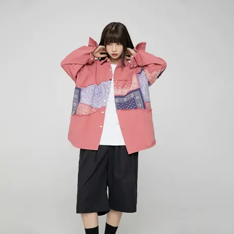 复古腰果花拼接衬衫女春秋2024年新款做旧毛边衬衣国潮情侣装外套图片