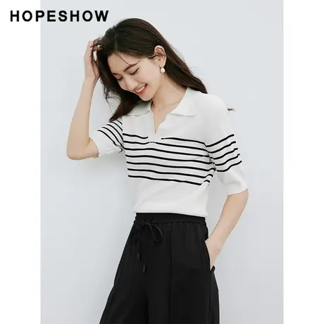 红袖条纹正肩V领套头针织衫hopeshow2024夏季新款中袖薄款上衣女商品大图