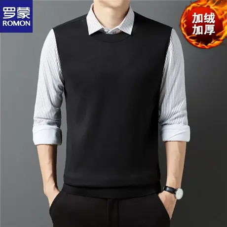 罗蒙时尚条纹假两件2023秋季新款休闲加绒加厚日常百搭圆领针织衫图片
