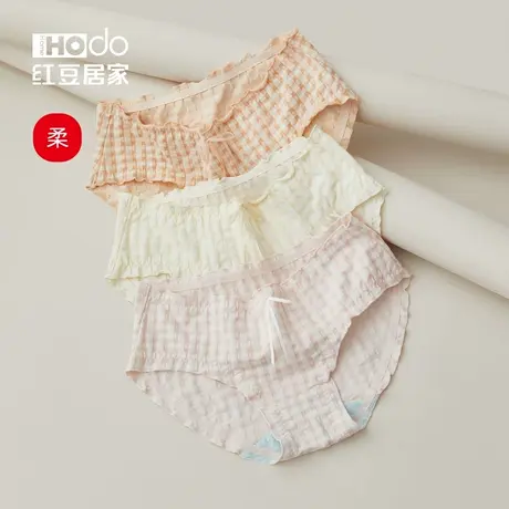 红豆居家格纹内裤女薄款纯棉全棉抗菌裆中腰可爱甜美三角短裤头薄商品大图