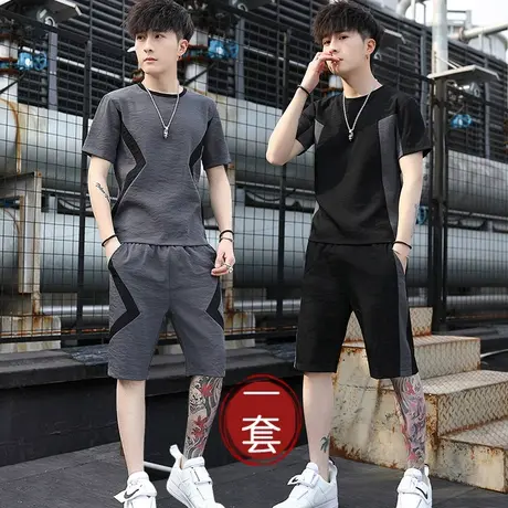 夏季男装套装冰丝潮流休闲运动短裤一套搭配帅气修身男士短袖t恤商品大图