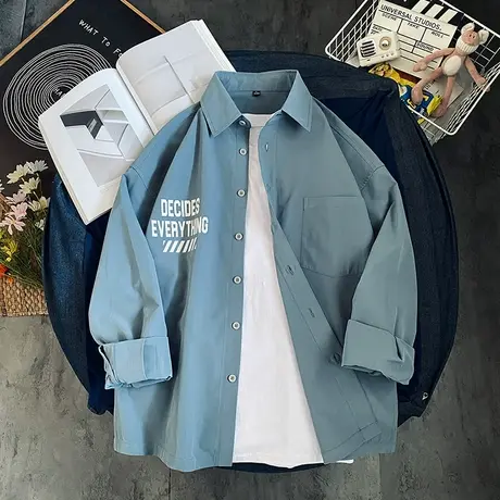 男士衬衫长袖春秋款休闲痞帅上衣服夏季港风日系衬衣潮牌工装外套商品大图