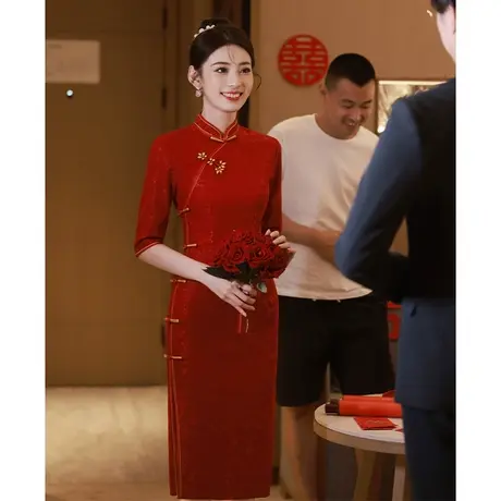 红色订婚旗袍敬酒服新娘高级感2023新款日常可穿回门中袖连衣裙秋商品大图