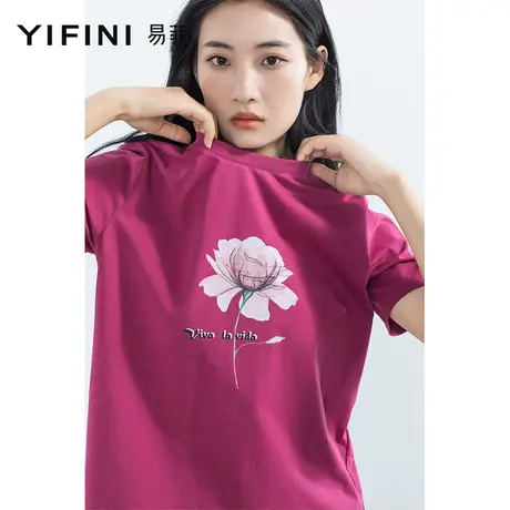 Yifini/易菲时尚简约圆领短袖T恤女2023夏季新款印花百搭针织上衣商品大图
