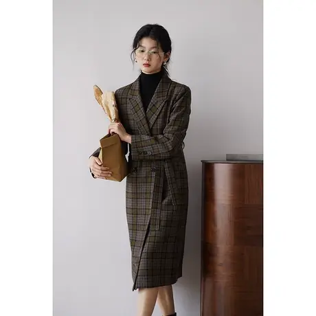 嘉茱莉2023秋季新款复古格纹呢子大衣女长款羊毛大衣外套高级感商品大图
