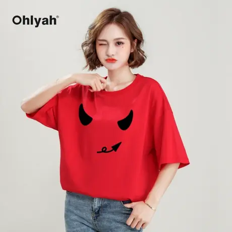 Ohlyah品牌 牛年洋气红色t恤女纯棉宽松打底衫内搭半袖学生情侣装商品大图