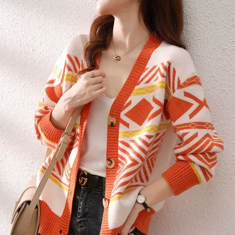 早秋新款提花针织开衫女百搭V领上衣秋季2023年新款韩版毛衣外套商品大图