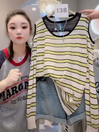 条纹撞色竹节亚麻长袖t恤女宽松套头假两件露肩空调防晒衫上衣洋商品大图