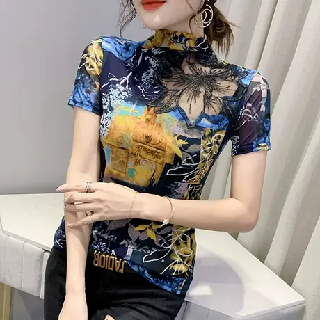 网纱拼接刺绣T恤女短袖秋装性感镂空上衣洋气百搭半高领打底衫潮商品大图