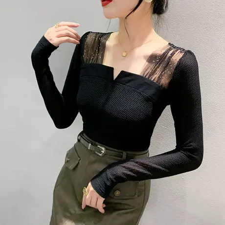 欧货网纱拼接长袖T恤女秋2023新款时尚方领打底衫内搭修身打底衫商品大图