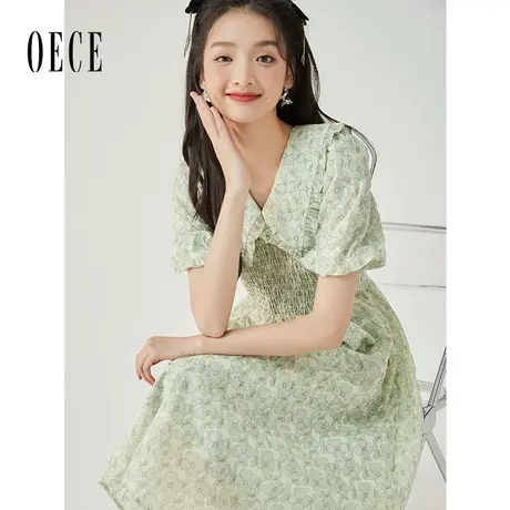 Oece绿色显白连衣裙2023春夏季新款女装设计感甜美碎花裙子中长款图片
