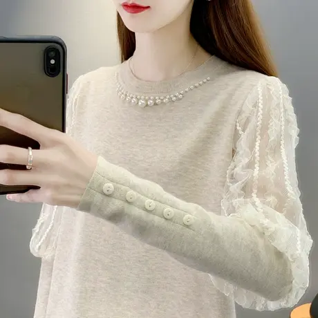 2022年秋装新款蕾丝拼接钉珠圆领针织打底衫内搭毛衣洋气爆款外穿商品大图