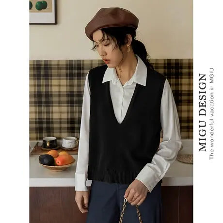 弥古v领针织毛衣马甲女春秋纯色坎肩背心外穿法式短款上衣外搭秋图片