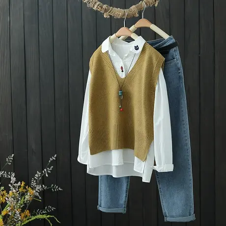 针织马甲女V领短款坎肩宽松背心2023年春季纯色马夹外穿无袖毛衣图片