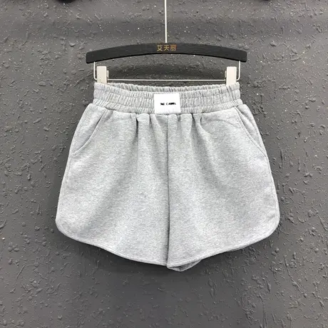 欧货灰色松紧腰贴标休闲运动裤短裤女2023春夏新款宽松显瘦阔腿裤图片