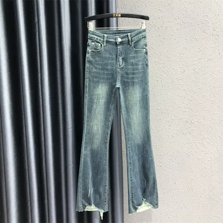 港味复古毛边休闲喇叭长裤女秋新款设计感显瘦高腰弹力牛仔微喇裤商品大图