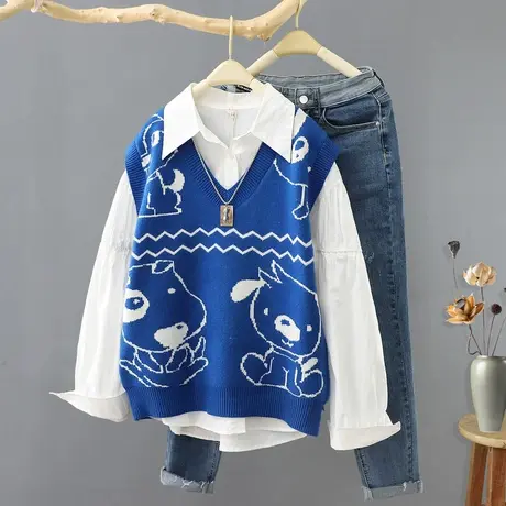 时尚克莱茵蓝提花V领套头针织马夹女2022春装新款无袖毛衣坎肩图片