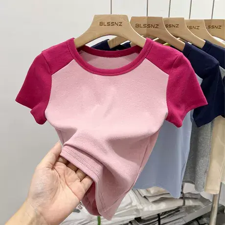 美式复古插肩袖T恤女夏季纯棉撞色拼接短袖修身显瘦短款上衣辣妹商品大图
