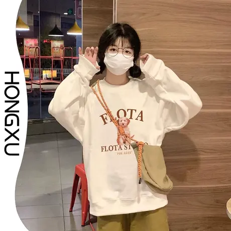 红续2023冬季新款韩版加绒加厚圆领上衣oversize宽松显瘦百搭长袖商品大图