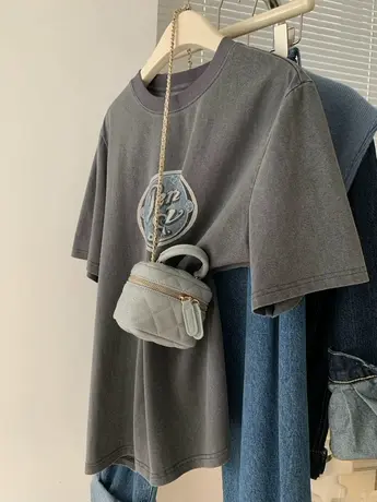 时髦个性美式复古水洗做旧短袖t恤女宽松ins潮设计感小众体恤上衣商品大图