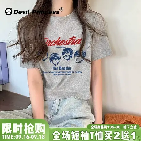 chic韩系休闲短款t恤女纯棉灰色短袖2023夏小众宽松露脐上衣ins潮图片