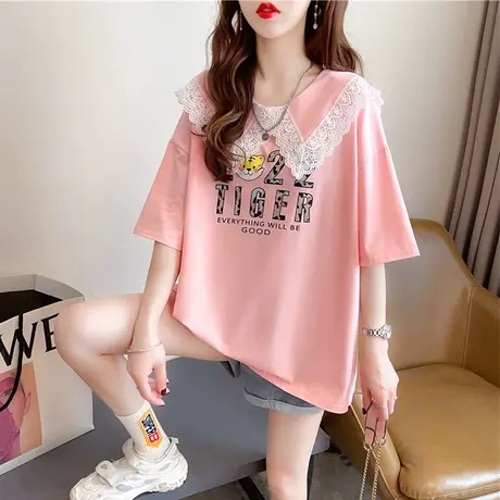 设计感小众蕾丝娃娃领短袖t恤女夏季韩版宽松大码女装中长款上衣图片